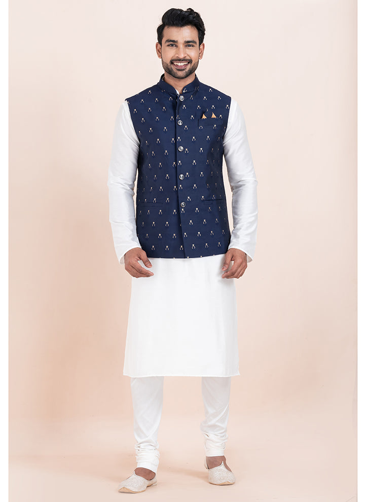 Banarasi Silk Navy Blue Festival Wear Jacquard Work Readymade Modi Jacket Kurta Pajama