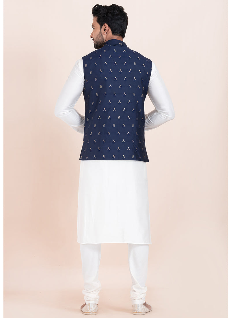 Banarasi Silk Navy Blue Festival Wear Jacquard Work Readymade Modi Jacket Kurta Pajama