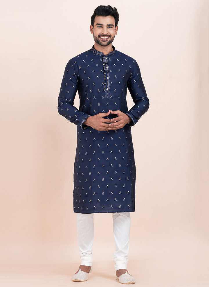 Cotton Navy Blue Festival Wear Jacquard Work Readymade Kurta Pajama