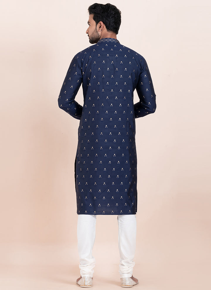 Cotton Navy Blue Festival Wear Jacquard Work Readymade Kurta Pajama