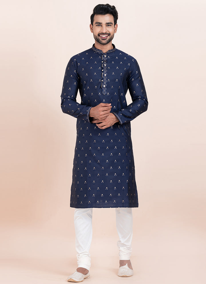 Cotton Navy Blue Festival Wear Jacquard Work Readymade Kurta Pajama