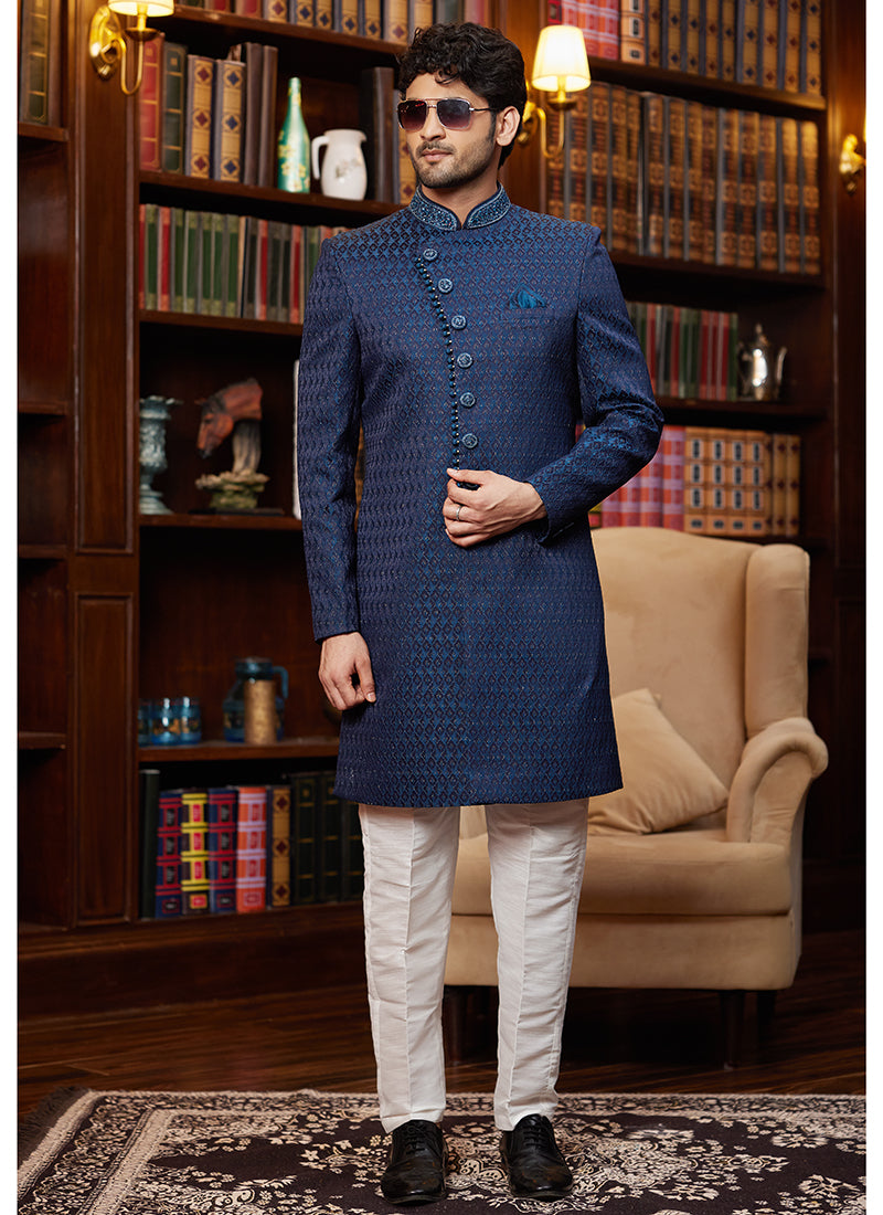 Jacquard Silk Blue Wedding Wear Hand Work Readymade Sherwani