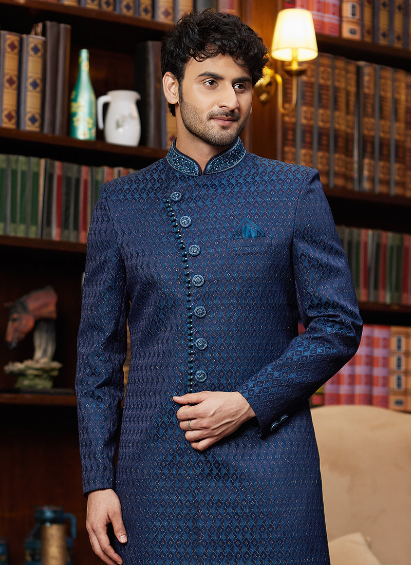 Jacquard Silk Blue Wedding Wear Hand Work Readymade Sherwani