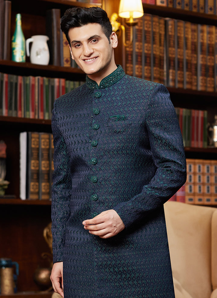 Jacquard Silk Navy Blue Wedding Wear Hand Work Readymade Sherwani