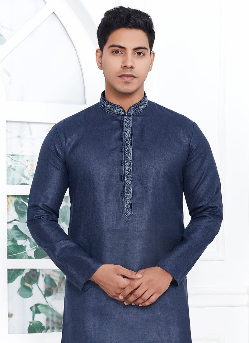 Linen Cotton Navy Blue Traditional Wear Thread Work Kurta Pajama