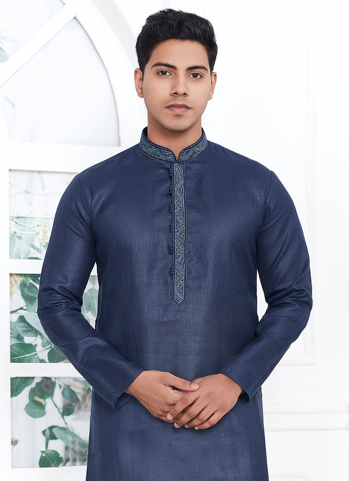 Linen Cotton Navy Blue Traditional Wear Thread Work Kurta Pajama
