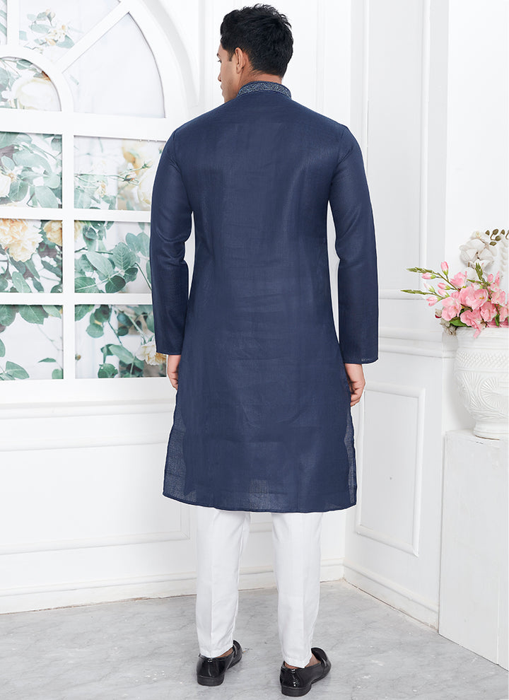 Linen Cotton Navy Blue Traditional Wear Thread Work Kurta Pajama