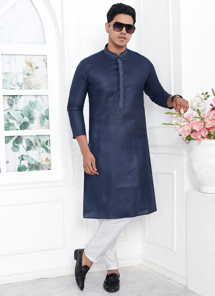 Linen Cotton Navy Blue Traditional Wear Thread Work Kurta Pajama