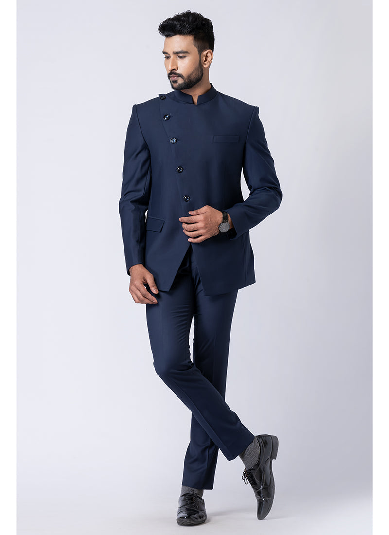 Polyester Tr Navy Blue Party Wear Pattern Pc Readymade Jodhpuri Suit