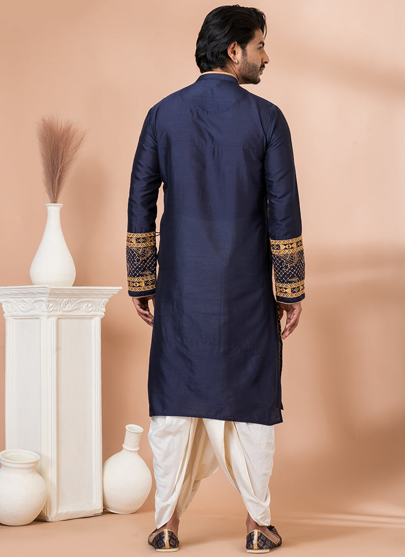 Pure Viscose Navy Blue Traditional Wear Embroidery Work Dhoti Kurta