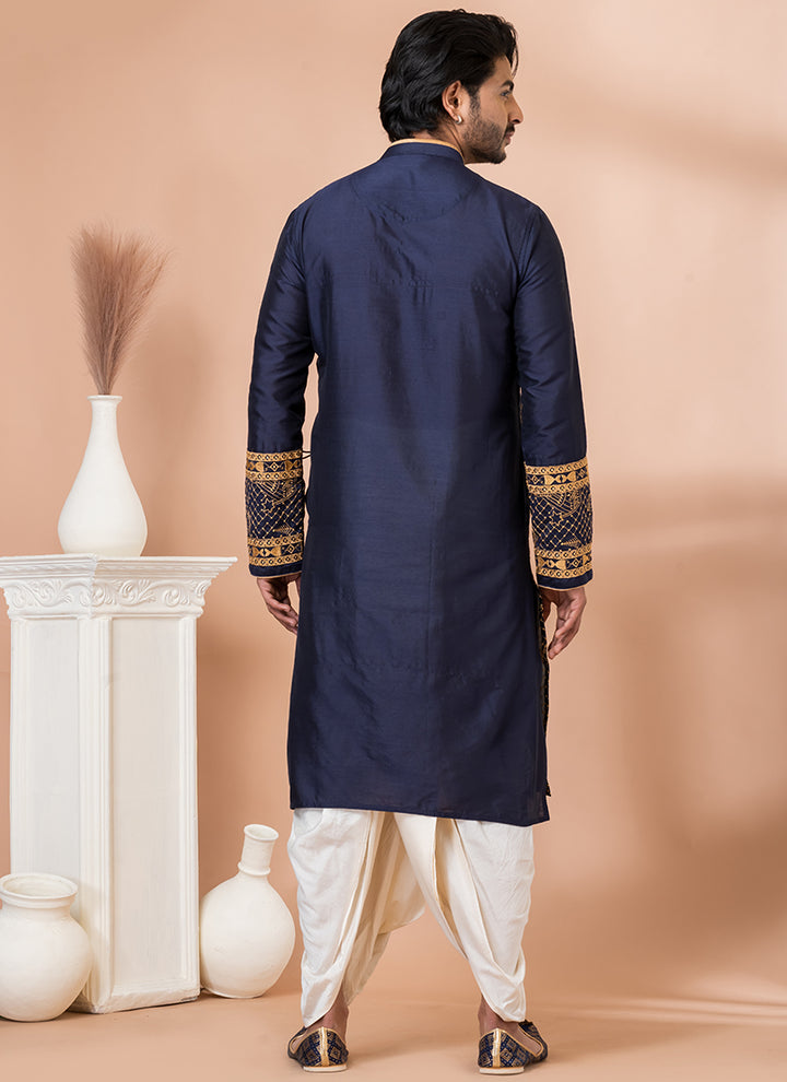 Pure Viscose Navy Blue Traditional Wear Embroidery Work Dhoti Kurta