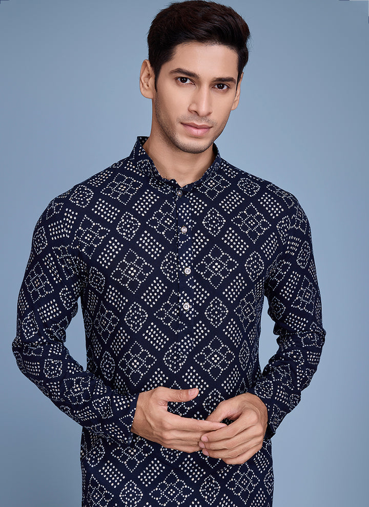 Rayon Navy Blue Festival Wear Printed Readymade Kurta