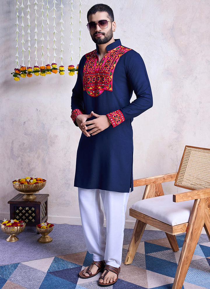 Rayon Navy Blue Navratri Wear Embroidery Work Readymade Kurta