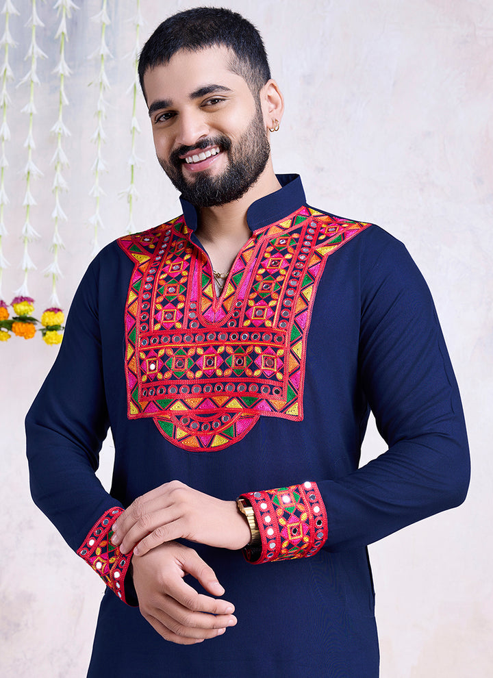 Rayon Navy Blue Navratri Wear Embroidery Work Readymade Kurta