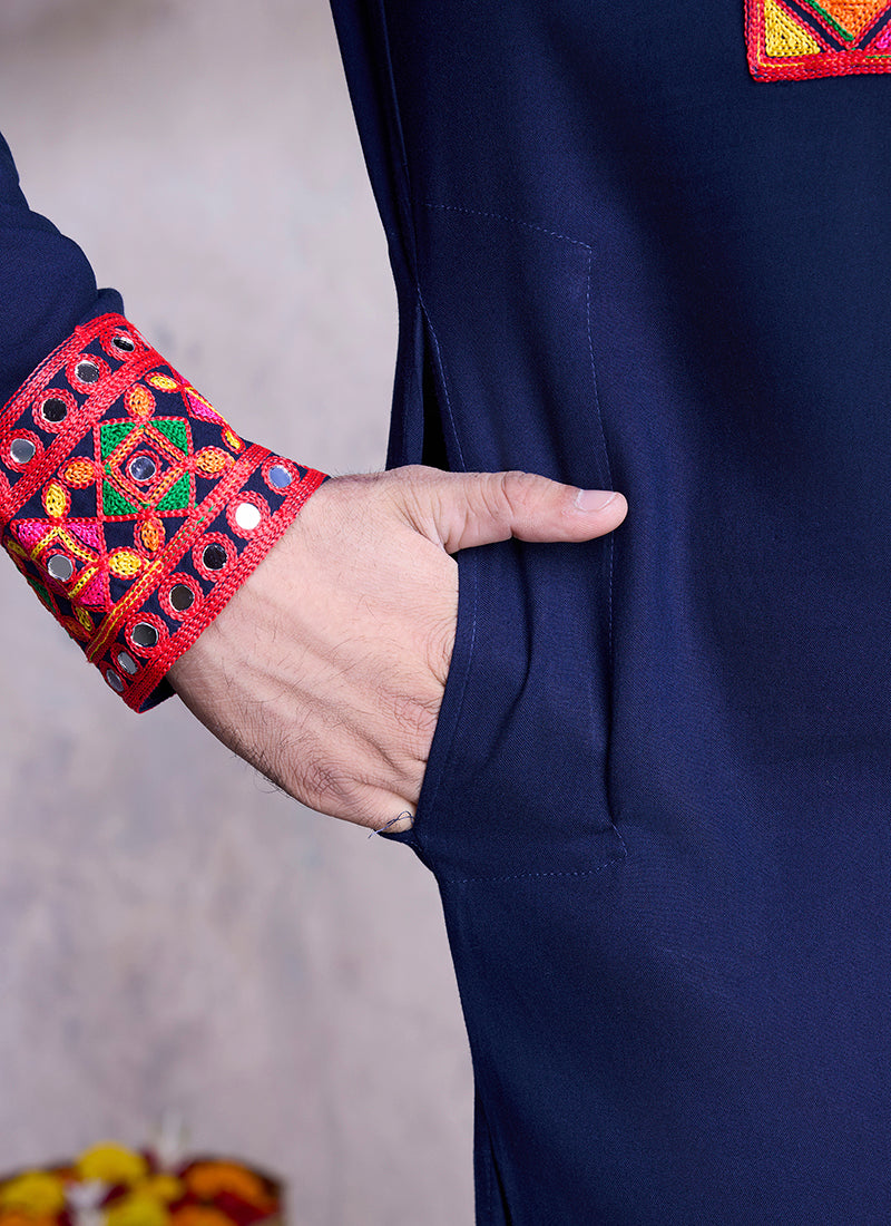 Rayon Navy Blue Navratri Wear Embroidery Work Readymade Kurta