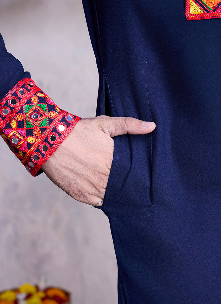 Rayon Navy Blue Navratri Wear Embroidery Work Readymade Kurta