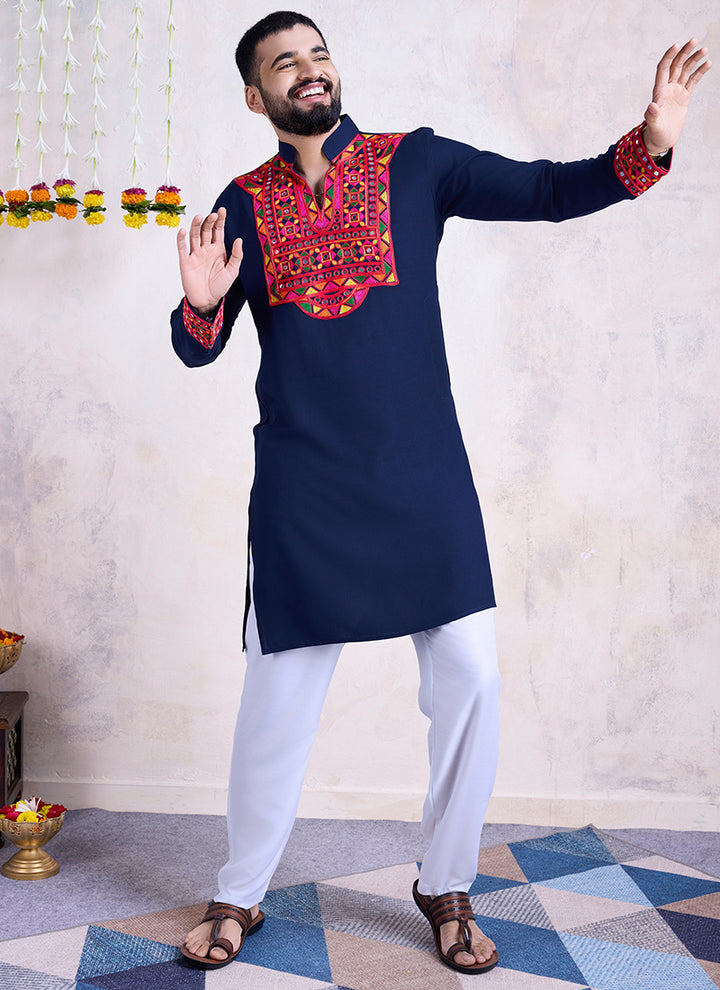 Rayon Navy Blue Navratri Wear Embroidery Work Readymade Kurta