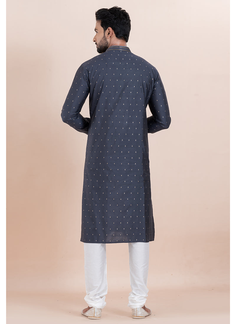 Silk Navy Blue Ceremonial Wear Jacquard Work Readymade Kurta Pajama