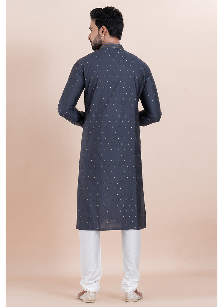 Silk Navy Blue Ceremonial Wear Jacquard Work Readymade Kurta Pajama