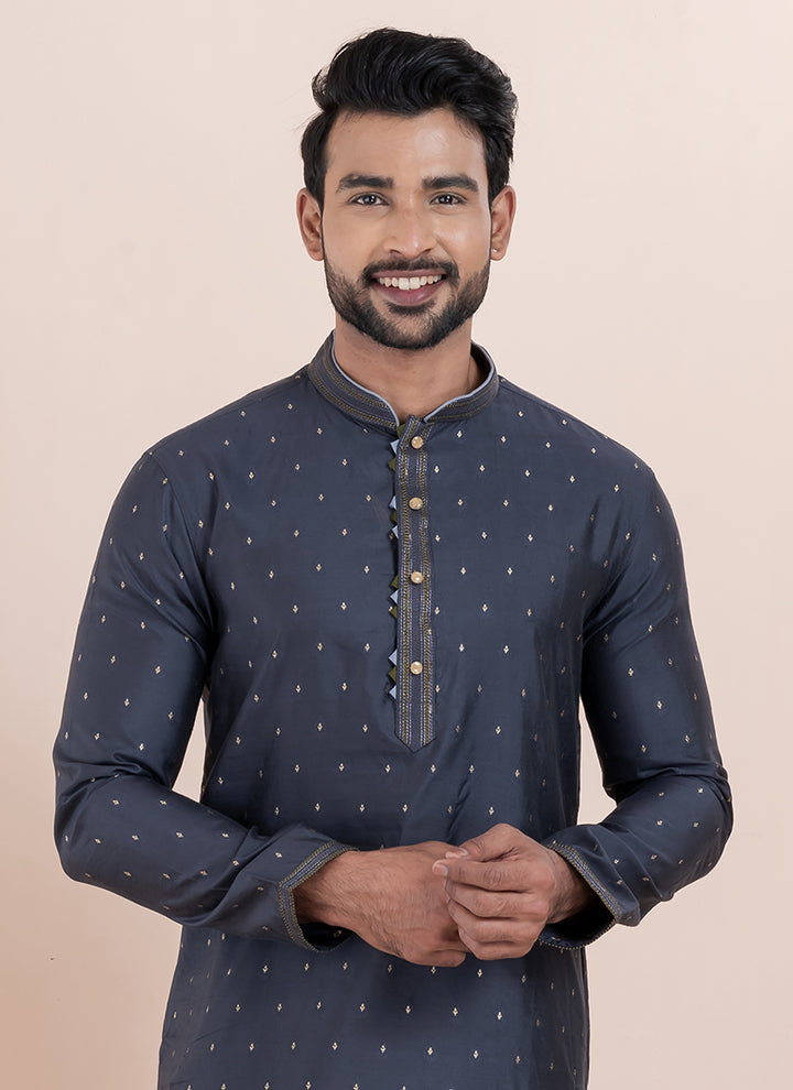 Silk Navy Blue Ceremonial Wear Jacquard Work Readymade Kurta Pajama