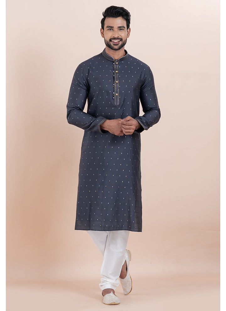 Silk Navy Blue Ceremonial Wear Jacquard Work Readymade Kurta Pajama
