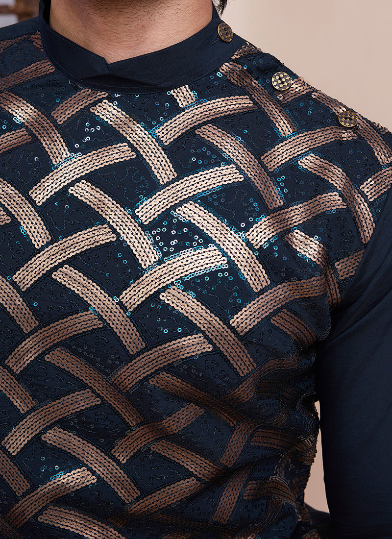 Silk Navy Blue Eid Wear Embroidery Work Readymade Kurta Pajama