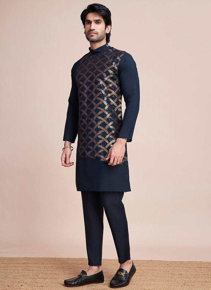 Silk Navy Blue Eid Wear Embroidery Work Readymade Kurta Pajama