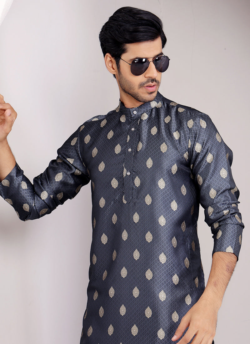Viscose Navy Blue Ceremonial Wear Weaving  Readymade Kurta