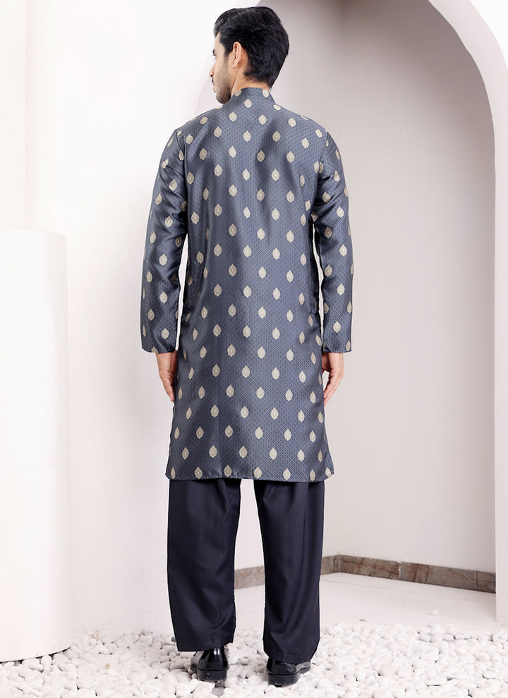 Viscose Navy Blue Ceremonial Wear Weaving  Readymade Kurta