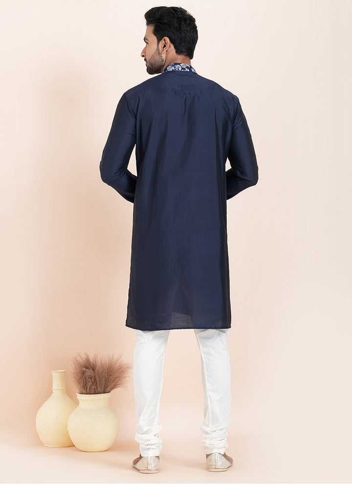 Viscose Navy Blue Festival Wear Thread Work Readymade Kurta Pajama