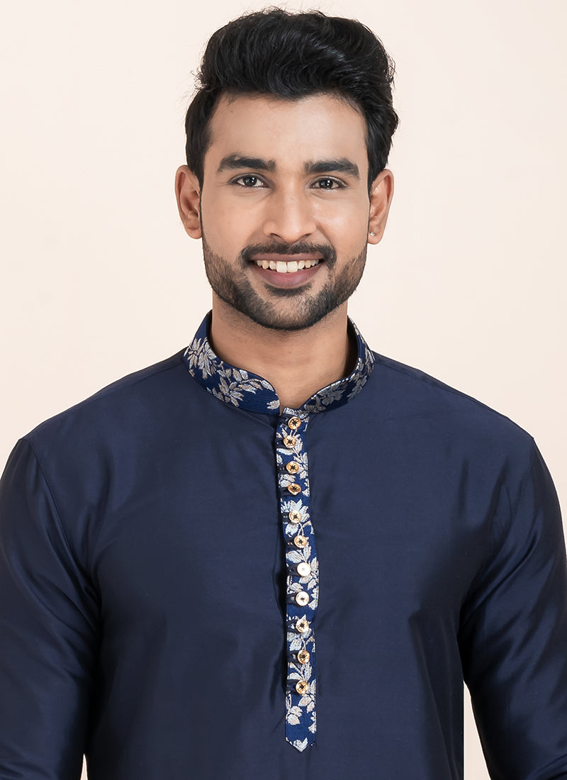 Viscose Navy Blue Festival Wear Thread Work Readymade Kurta Pajama