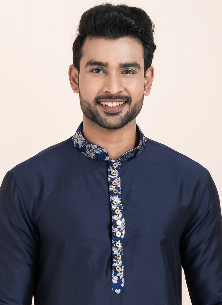 Viscose Navy Blue Festival Wear Thread Work Readymade Kurta Pajama