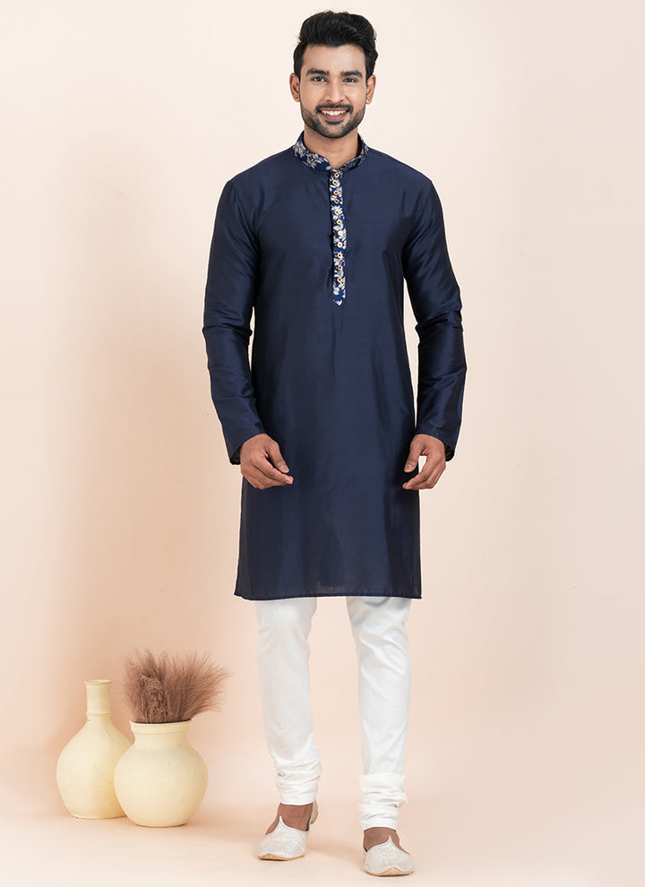 Viscose Navy Blue Festival Wear Thread Work Readymade Kurta Pajama