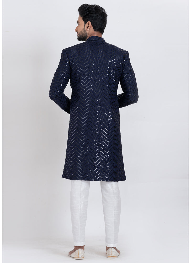 Viscose Rayon Navy Blue Eid Wear Sequins Work Readymade Indo Western