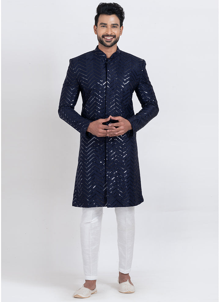 Viscose Rayon Navy Blue Eid Wear Sequins Work Readymade Indo Western