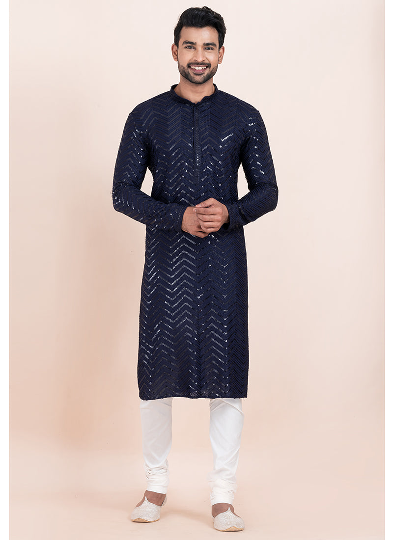 Viscose Rayon Navy Blue Eid Wear Sequins Work Readymade Kurta Pajama