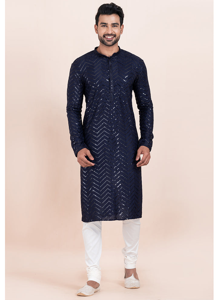 Viscose Rayon Navy Blue Eid Wear Sequins Work Readymade Kurta Pajama
