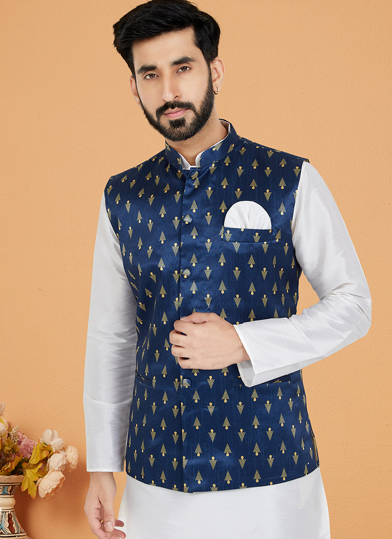 Banarasi Dhupion Navy Blue Wedding Wear Banarasi Work Modi Jacket Kurta Pajama