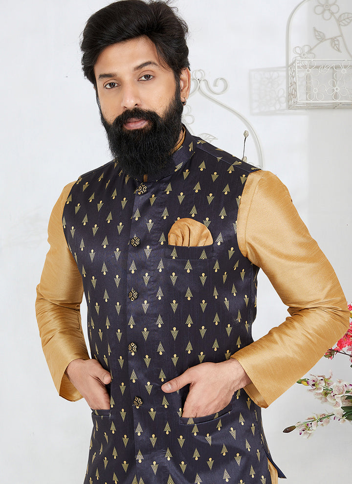 Banarasi Dhupion Navy Blue Wedding Wear Banarasi Work Mens Waist Coat