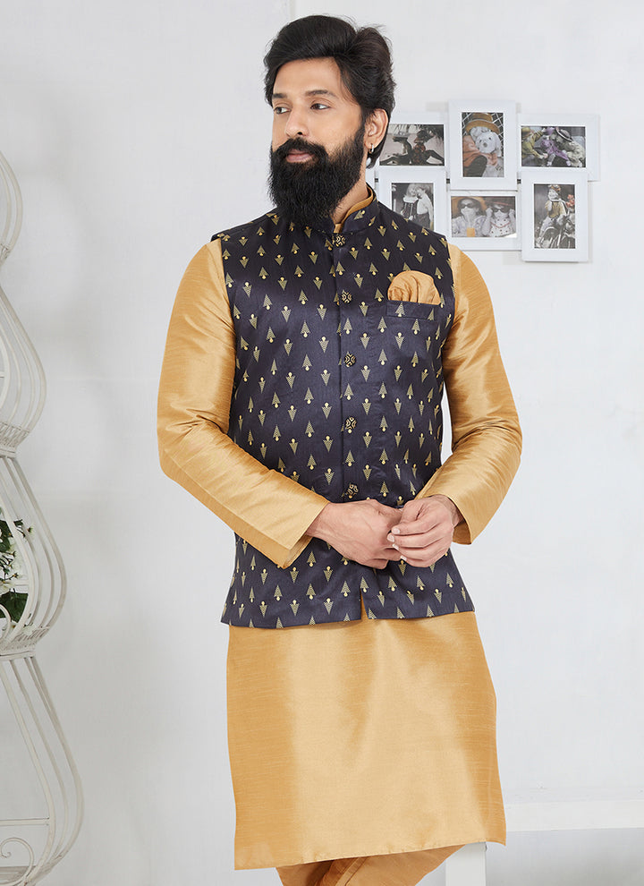 Banarasi Dhupion Navy Blue Wedding Wear Banarasi Work Mens Waist Coat