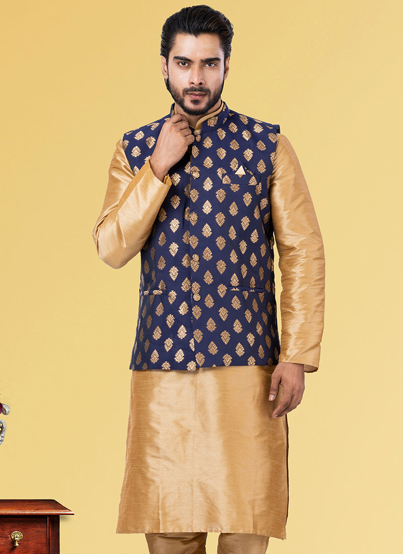 Jacquard Silk Neavy Blue Festival Wear Embroidery Work Readymade Men's Waistcoat