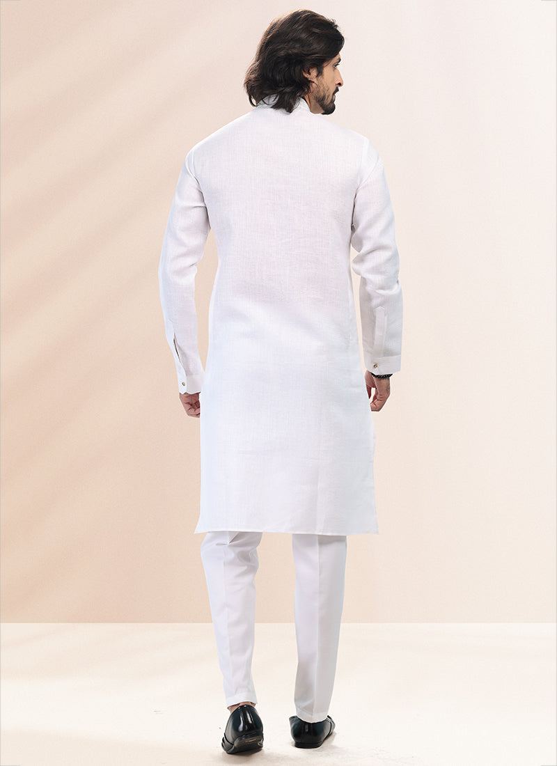 OFF WHITE Cotton Linen Festival Wear Pintux Kurta Pajama