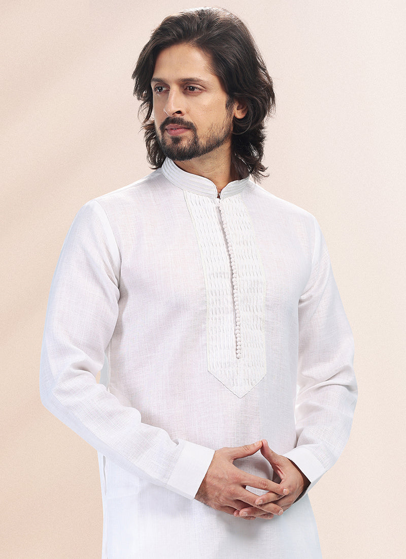OFF WHITE Cotton Linen Festival Wear Pintux Kurta Pajama