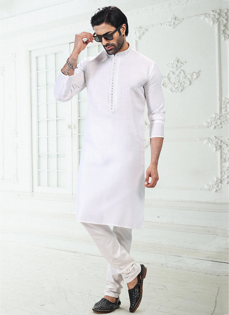 OFF WHITE Linen Cotton Traditional Wear Thread Work Kurta Pajama