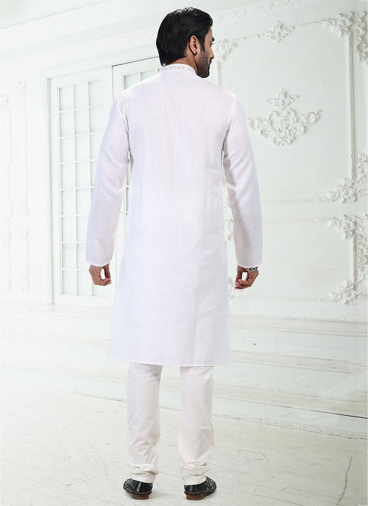 OFF WHITE Linen Cotton Traditional Wear Thread Work Kurta Pajama