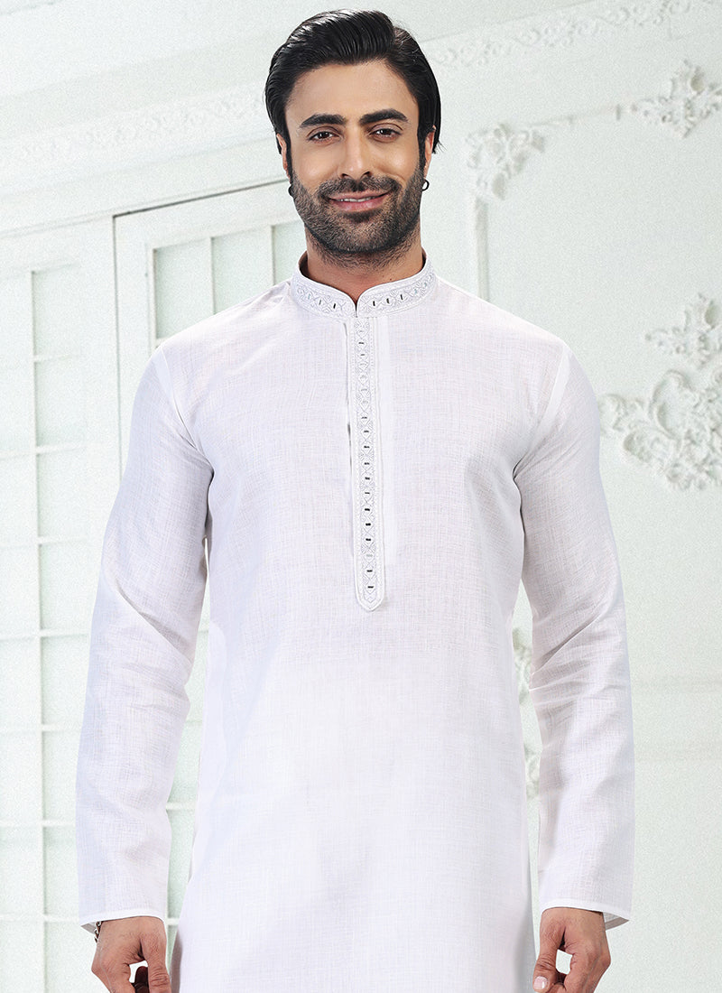 OFF WHITE Linen Cotton Traditional Wear Thread Work Kurta Pajama