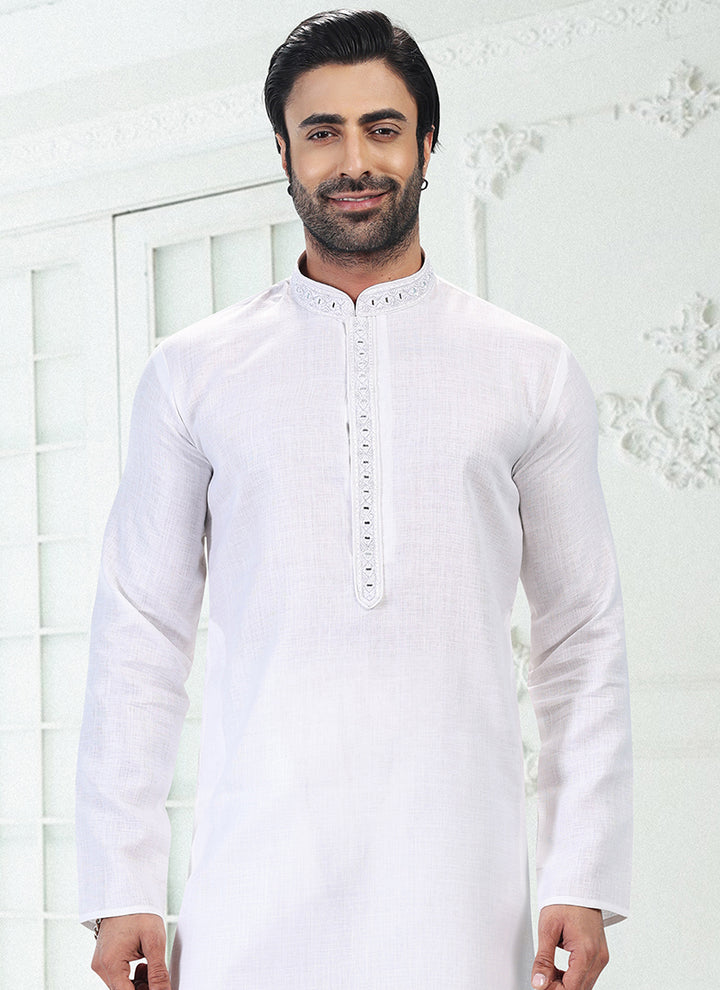 OFF WHITE Linen Cotton Traditional Wear Thread Work Kurta Pajama