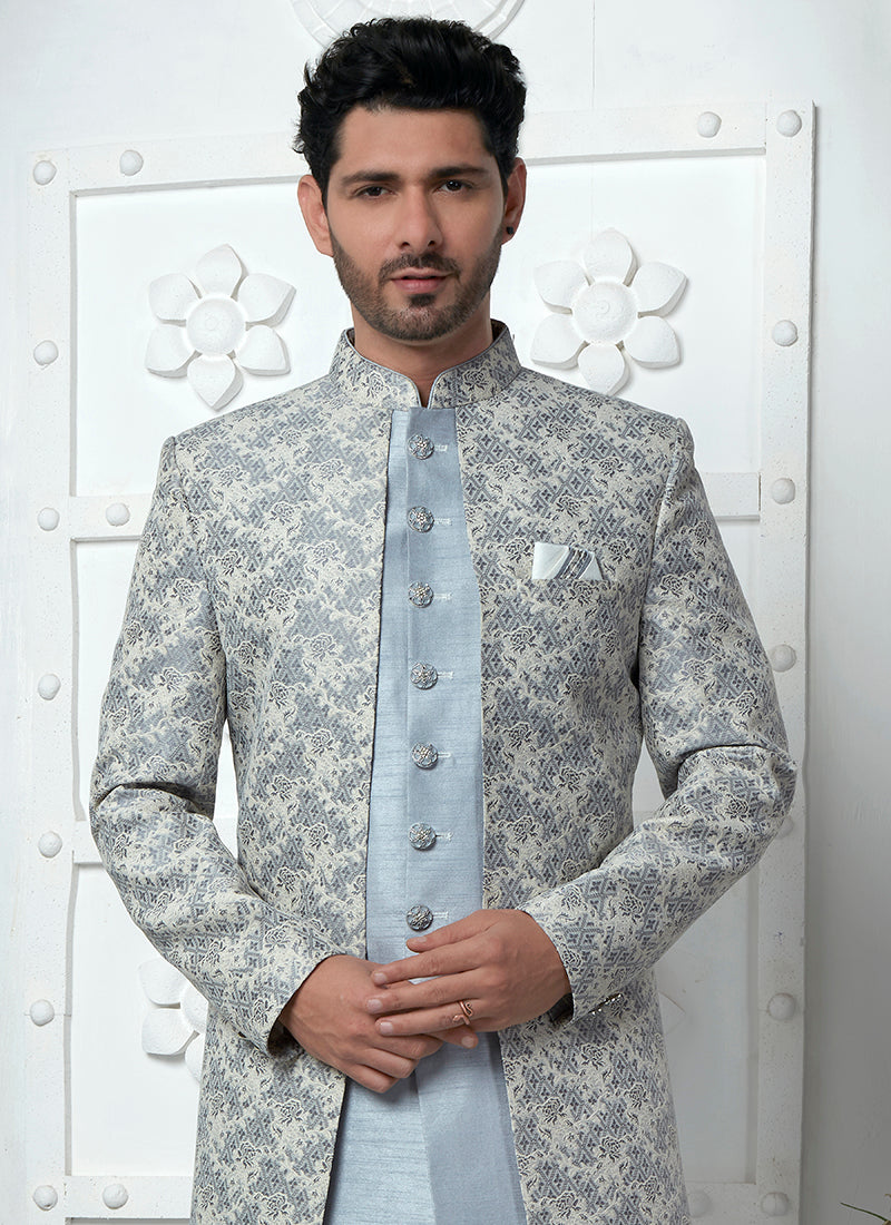 Off White Grey Jaquard Silk Party Wear Pattern Pc Work Readymade Mens Indo Western