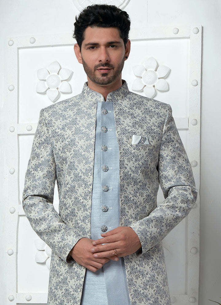 Off White Grey Jaquard Silk Party Wear Pattern Pc Work Readymade Mens Indo Western