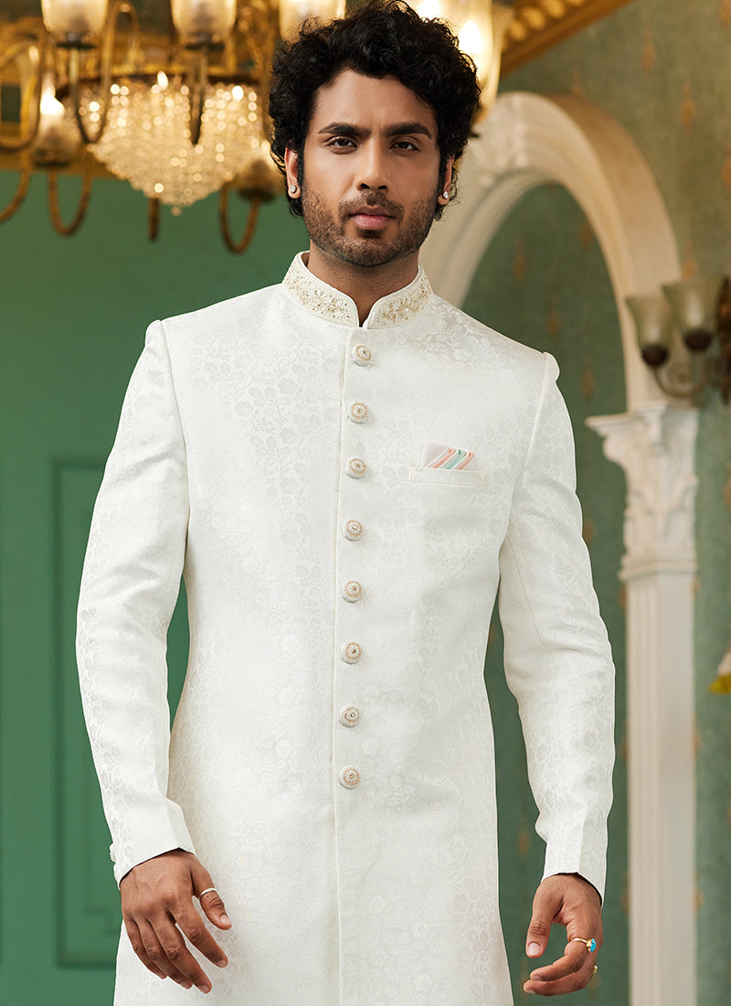 Off White Jacquard Silk Wedding Wear Hand Work IndoWestern